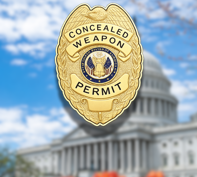 Concealed Weapon Permit badge in front of the US Capitol